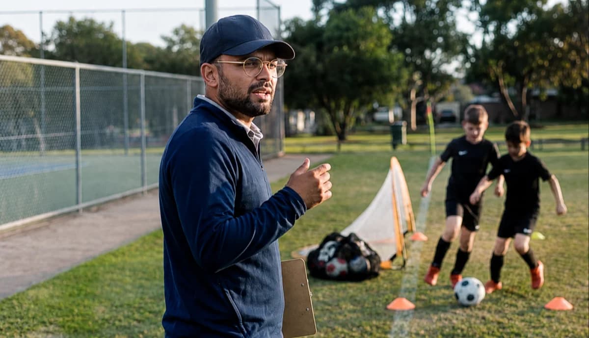 Coach running a training session with young players