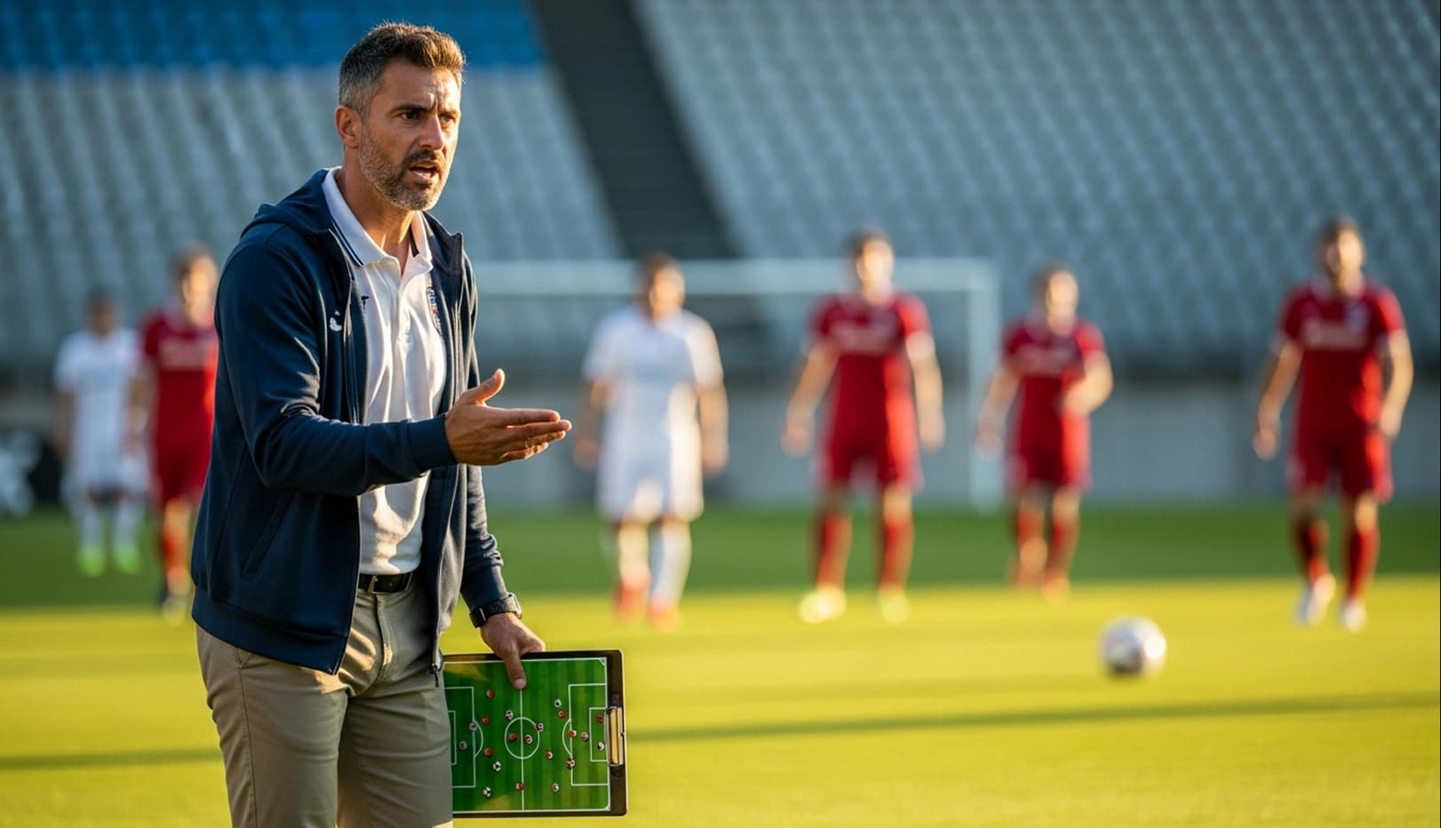 Soccer coach with youth players