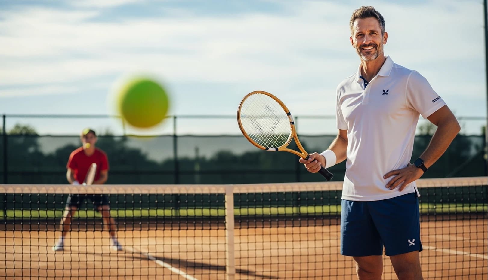 Tennis coach with players