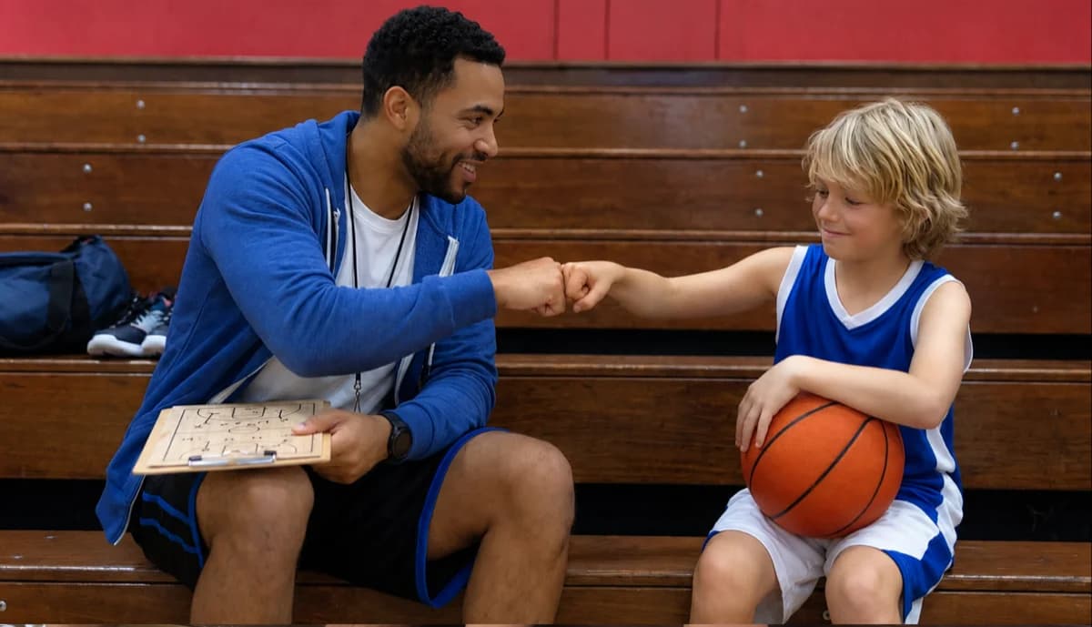 Basketball coach fist-bumping a young player on the bench