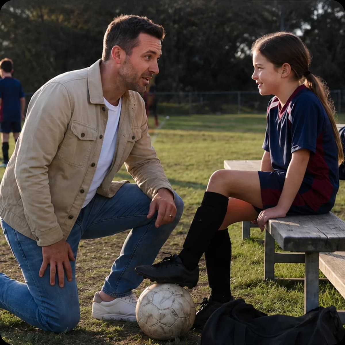 Coach kneeling to talk with a young soccer player on the sideline