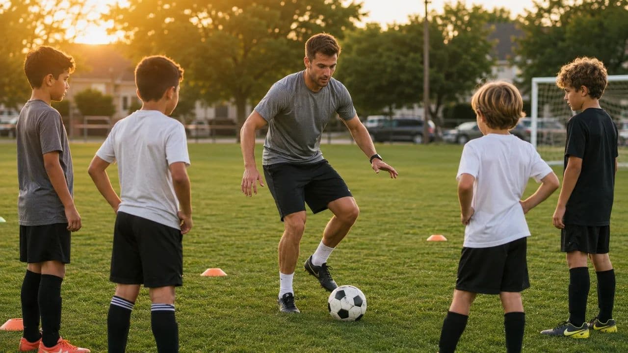 Private soccer coach running a small-group training session with kids at a New Jersey park.