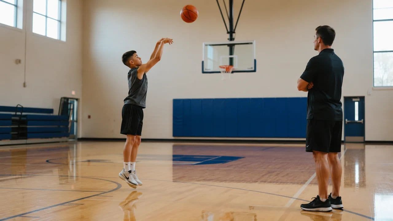Youth basketball player shooting from the free throw line with elbow tucked and eyes on the rim while a coach watches his form