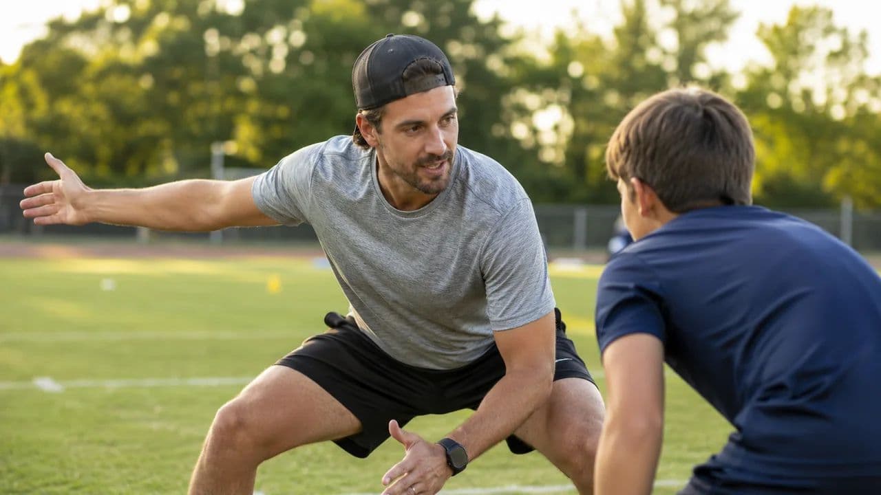 Private youth sports coach training a young athlete on a field in New Jersey