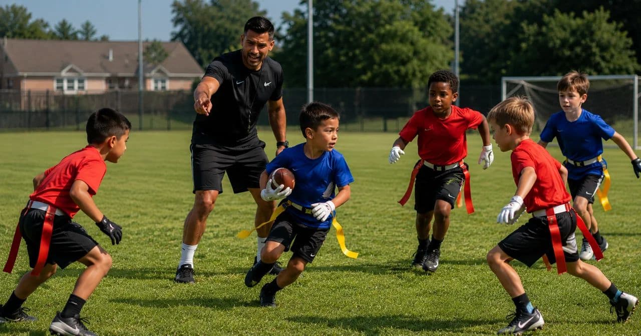 Young child learning football fundamentals with a coach on a sunny field