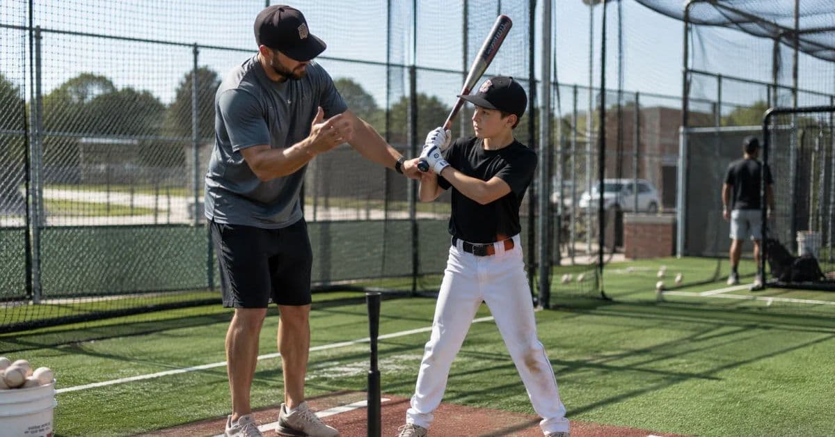 Youth baseball player taking a one-on-one hitting lesson with a coach