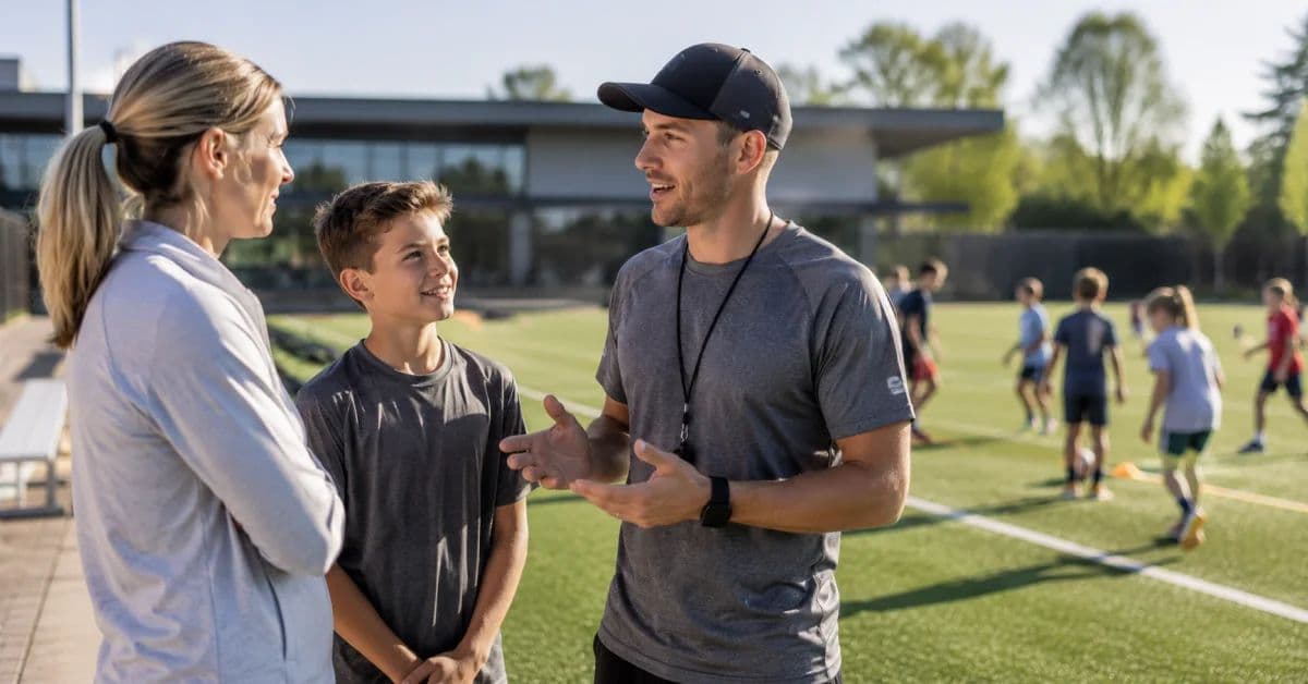 Parent and coach talking on the sideline while kids train in the background