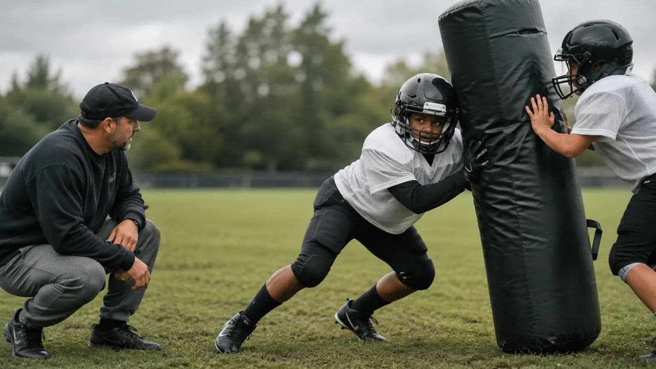 Two youth football players practicing tackling technique against a padded blocking dummy with a coach crouched nearby watching their form