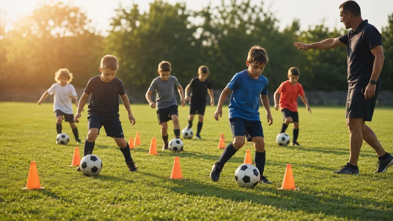 Young soccer players dribbling balls through orange cone gates at practice while a coach gives instruction from the sideline